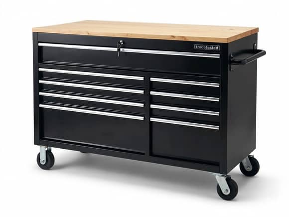 Rolling Tool Cabinet 9 Drawer 52" with Solid Wood Top