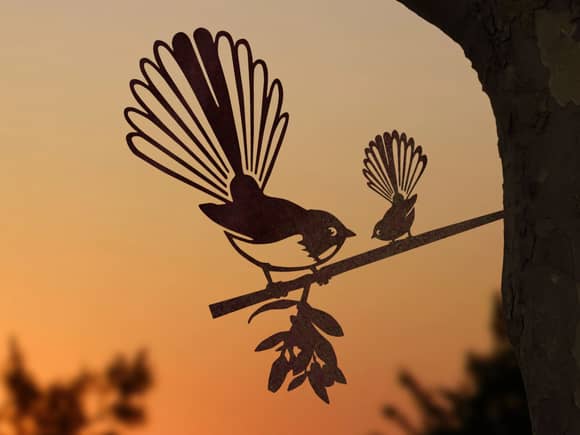 Pīwakawaka & Baby Metal Bird Ornament - Corten Steel 