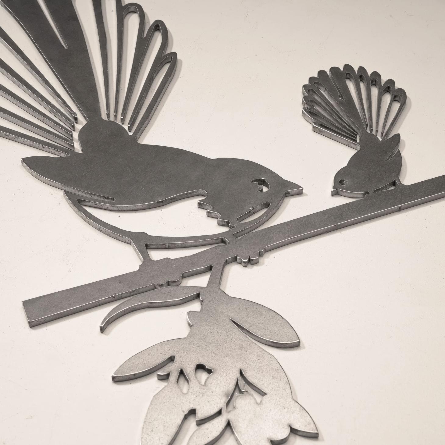 Piwakawaka & Baby Metal Bird Ornament - Corten Steel