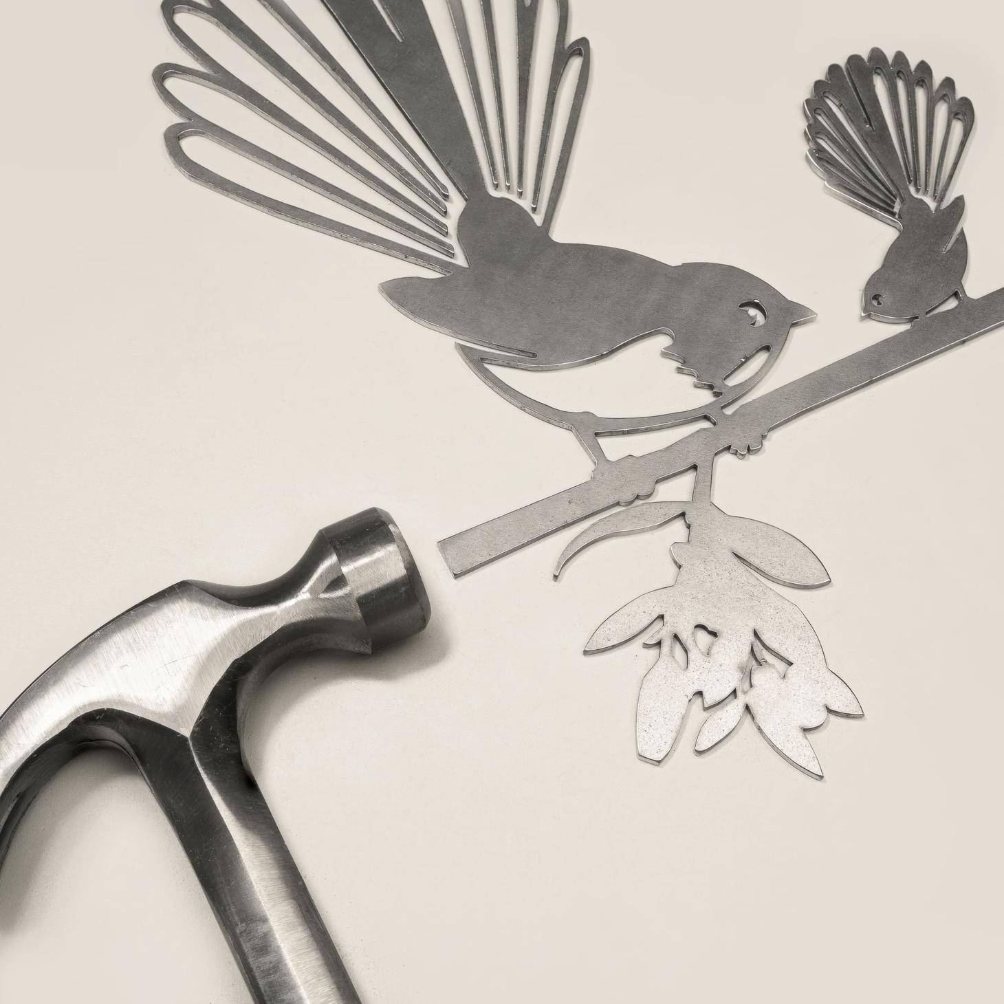 Piwakawaka & Baby Metal Bird Ornament - Corten Steel
