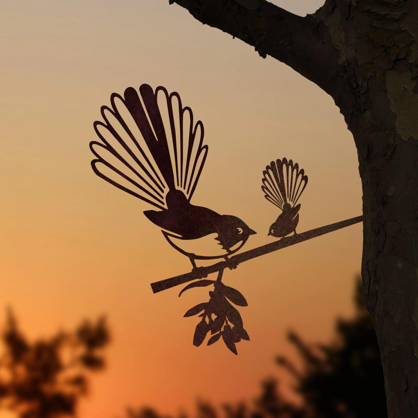 Piwakawaka & Baby Metal Bird Ornament - Corten Steel